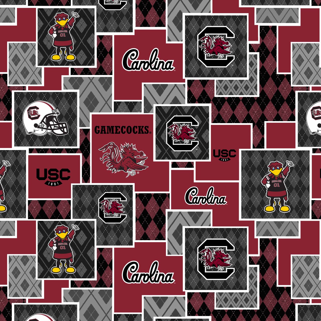 Sykel Enterprises-University of South Carolina Cotton Quilting Fabric-South Carolina Gamecocks Argyle Boxes Cotton Fabric Sold by the Yard